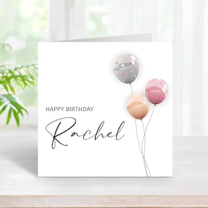 Beautiful And Elegant Female Birthday Card Balloon Design, Personalised Name (C41)