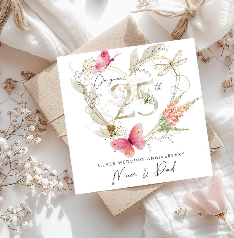 Tarjeta personalizada para el 25.º aniversario de bodas de plata para la pareja especial. Un hito importante: 25 años juntos. Para padres, familiares y amigos (C242). imagen 3