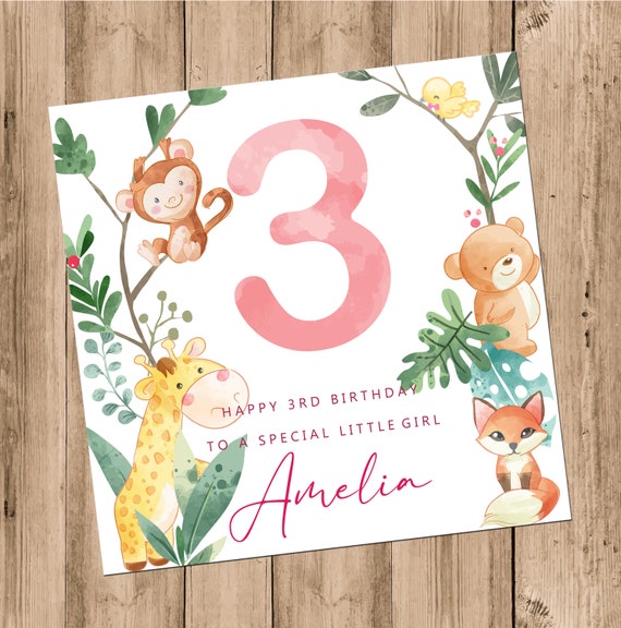3rd Birthday Card Cute Cuddly Animals, Personalised Pink Girl Age Card,  For Three Year Old Daughter Sister Niece and Other Relations (C75)