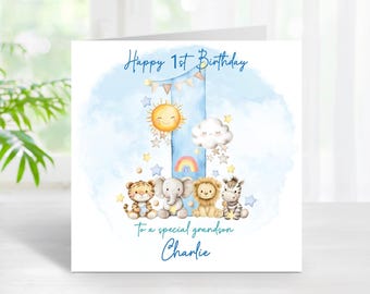 1st Birthday Boy Jungle Card Cute Adorable Animals, Personalised Blue Age 1, For One Year Old Son Grandson Nephew Other Relations (C182)