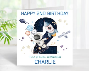 2nd Birthday Space Astronaut Card, Personalised Name For Age 2 Boy, For A Two Year Old Male Planets Rockets Comets Stars Design (C183)