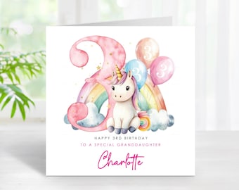 Personalised 3rd Birthday Unicorn Card: Pink Theme for Girl