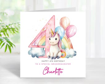 Personalised 4th Birthday Unicorn Card: Pink Theme for Girl