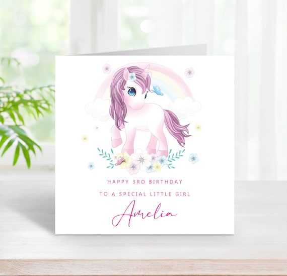 3rd Birthday Card Cute Unicorn, Personalised Pink Girl Age Card