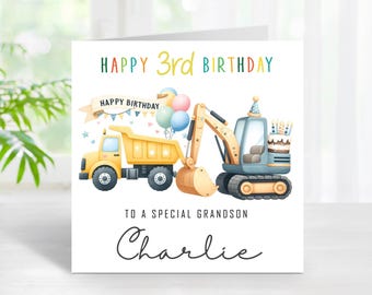 Personalised 3rd Birthday Card, Building Theme Construction Vehicles Digger Bulldozer DumpTruck Cake Balloons For Son Grandson Nephew (C226)