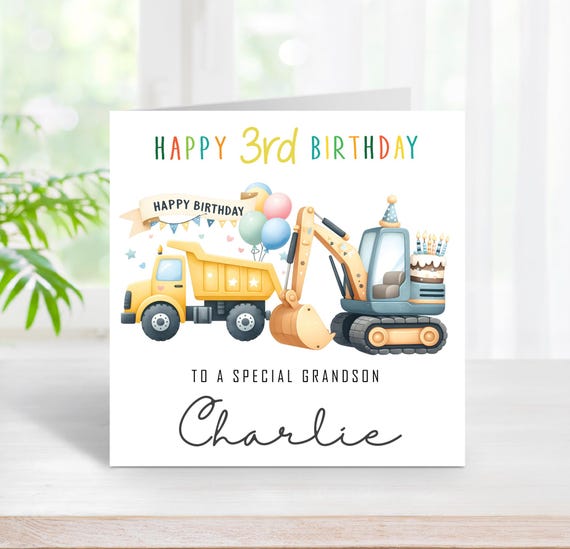 Personalised 3rd Birthday Card, Building Theme Construction Vehicles Digger Bulldozer DumpTruck Cake Balloons For Son Grandson Nephew (C226)