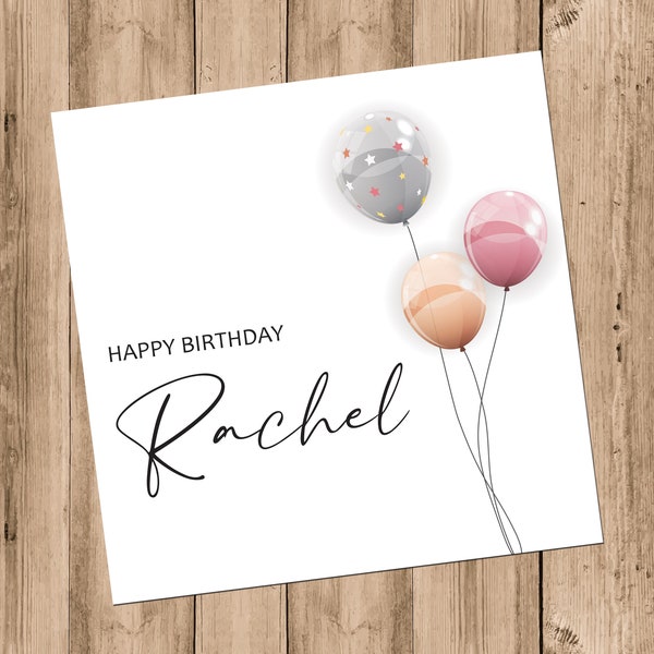 Beautiful And Elegant Female Birthday Card Balloon Design, Personalised Name (C41)