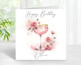 Birthday Wine Pink Roses Personalised Flowers Card Name Age Relations Mum Daughter Auntie Niece Grandma Friend Wife Girlfriend For Her (C153