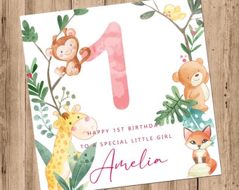 1st Birthday Card Cute Cuddly Animals, Personalised Pink Girl Age 1 Card, For One Year Old Daughter Sister Niece and Other Relations (C73)