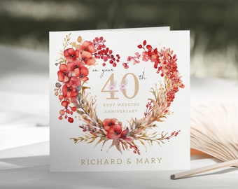 Ruby 40th Wedding Anniversary Personalised Card For 40th 50th 60th Special Couple Married Milestone Years Together Parents Family (C109)