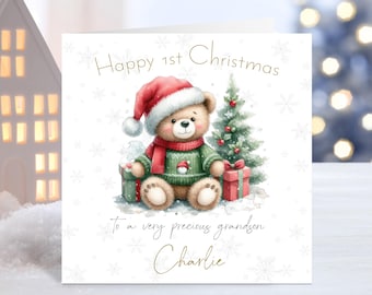 Happy 1st Christmas Personalised Cute Teddy Boy First Christmas Card, Baby's My 1st Xmas Gift, Son Nephew Brother Relations (C136)