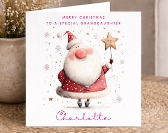 Carte de Noël personnalisée avec le Père Noël rose pour petite-fille, nièce ou fille - Carte de Noël pour petite fille, nom et lien de parenté au choix (C307)