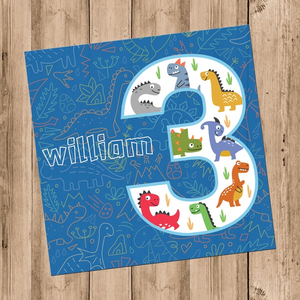 Dinosaur Birthday Card Boy Blue Background With Number, Personalised Name & Age 1st 2nd 3rd 4th 5th 6th 7th 8th Birthday (C13)