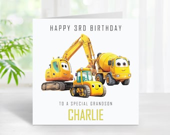 3rd Birthday Card Personalised Building Theme Construction Cartoon Toy Vehicles Digger Tractor Dump Truck For Son Grandson Nephew (C225)