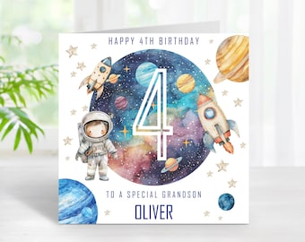 4th Birthday Space Astronaut Card, Personalised Name Relation Age 4 Boy, Four Year Old Male Planets Rockets Comets Stars Galaxy Design C195
