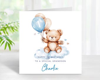 1st Birthday Boy Teddy Card Cute Adorable Bear With Age 1 Balloons, Personalised For One Year Old Son Grandson Nephew Other Relations (C187)