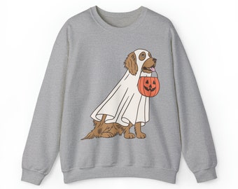 Sudadera unisex de mezcla pesada con cuello redondo y diseño de perro dorado de Halloween