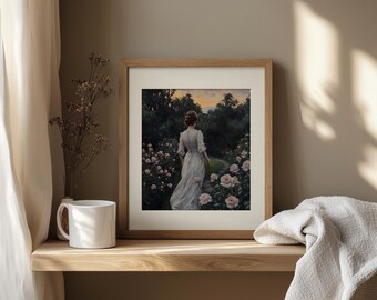 Verfijnde vrouw in witte jurk - romantische tuinwandeling, cottagecore vintage kunst, humeurig bloemenlandschap, afdrukbaar schilderij download 23