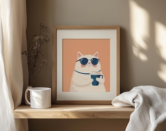 Lámina imprimible de un gato acogedor con gafas de sol para pared - Linda ilustración minimalista de un gato, decoración moderna y divertida, descarga digital en tonos cálidos 59