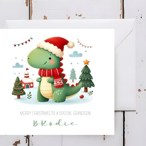 Cartão de Natal Dinossauro personalizado para afilhado, filho, irmão, neto, sobrinho, filha, neta, afilhada