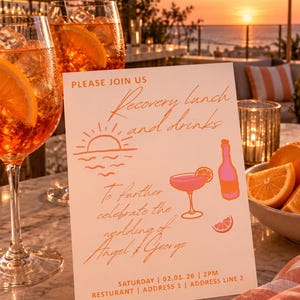 Könnte beinhalten: Eine weiße rechteckige Einladungskarte mit orangefarbenem Text und Grafiken. Der Text lautet: PLEASE JOIN US Recovery lunch and drinks To further celebrate the wedding of Angel & George SATURDAY | 02.01.26 | 2PM RESTURANT | ADDRESS 1 | ADDRESS LINE 2.