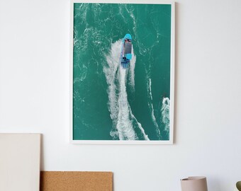 Vista aérea de lancha rápida, impresión de póster