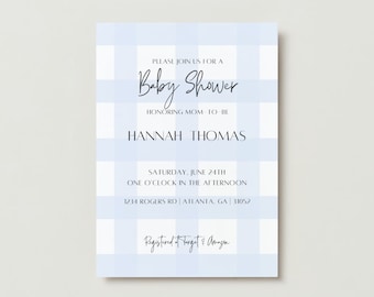 Plantilla de invitación de baby shower, invitación de baby shower de Gingham azul, invitación de baby shower, invitación imprimible, ducha Evite