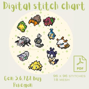 Può includere: Schema di punto croce digitale con pixel art di Pokémon di tipo insetto delle generazioni 5, 6, 7 e 8. Lo schema include 96 x 96 punti e 18 mesh. File PDF disponibile.