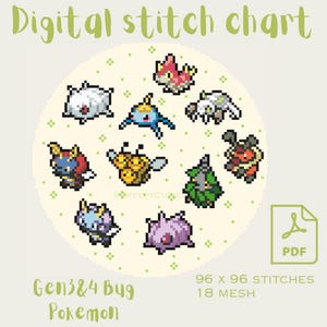 May include: Digital stitch chart featuring pixel art of Gen3&4 Bug Pokemon. The design includes various colorful bug-type characters arranged in a circle. The chart is labeled with the text "Digital stitch chart", "Gen3&4 Bug Pokemon", and "96 x 96 stitches, 18 mesh". A PDF icon is also present.