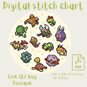 Korsstygnsmönster av insektstyp, Gen 1, Gen 2, Gräs, Grön, Pastell, Förrätter, Nedladdningsbara, Djur, Mystiska, Spel, Pokémon, Nålstickning