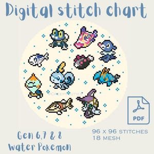 以下が含まれることがあります： デジタルステッチチャート。第6、7、8世代の水タイプのポケモンたちのピクセルアート。PDFアイコンと、96 x 96ステッチ、18メッシュを示すテキストが含まれています。「Digital stitch chart」の文字が上部にあります。