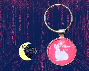 Follow the Rabbit Keychain; Matrix Alice in Wonderland Trip; Red Pill Iridescent Holographic Key Ring