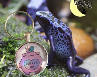 Holographic Frog Prince Keychain; Cottagecore Snail Friend; Purple Iridescent Frog Key Ring