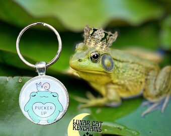Holographic Frog Prince Keychain; Cottagecore Snail Friend; Green Iridescent Frog Key Ring