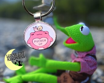 Holographic Frog Prince Keychain; Cottagecore Snail Friend; Pink Iridescent Frog Key Ring