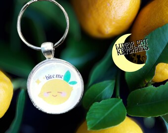 Bite Me Lemon Keychain; Mean Fruit Art; Handmade Kawaii Sassy Foods Key Ring