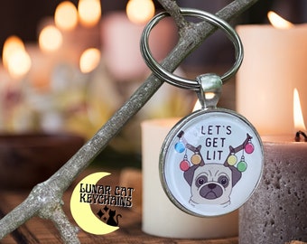 Let’s Get Lit Keychain; Funny Christmas Lights Key Ring; Iridescent Holographic Glossy; Dog Puppy Animal Lover Gift