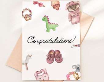 Baby Girl Congratulations Card Download PDF, Printable New Baby Card Template, Baby Shower Greeting Card Download, 08-4