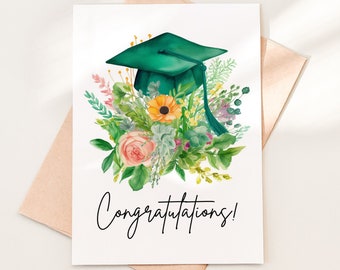 Green Graduation Cap Printable Greeting Card, Congratulations Graduation Card Download, Floral Congrats Grad Card for Her, 01-9