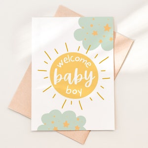 Welcome Baby Boy Shower Card Download, Green Yellow Sun Clouds Baby Card Template, Printable Baby Boy Congratulations Card Download, 02-5 image 1