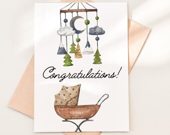 Congratulations Baby Shower Card Download, Printable New Baby Boy Card Template, Welcome Baby Boy Congrats Card Download PDF, 08-2