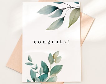 Greenery Congrats Card Download, Printable Modern Congratulations Greeting Card Template, Simple Foliage Congrats, Instant Download PDF 05-7