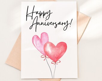 Happy Anniversary Card Printable Download, Heart Balloons Love Greeting Card Template, Printable Anniversary Card, 18