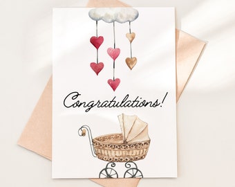 Congratulations Baby Shower Card Download, Printable New Baby Girl Card Template, Welcome Baby Girl Congrats Card Download PDF, 08-2