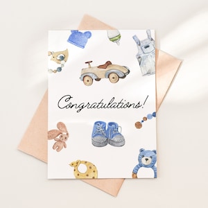 Baby Boy Gefeliciteerd Card Download PDF, Afdrukbare nieuwe babykaartsjabloon, Boy Baby Shower Wenskaart Download, 08-5