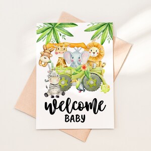 Baby jungle dieren welkom baby kaart downloaden, afdrukbare baby safari dieren nieuwe baby wenskaartsjabloon, jungle baby shower kaart, 07-5