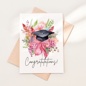 Floral Pink Bow Graduation Cap Glückwunschkarten-Download, Druckbare Abschlussfeier für Sie Congrats Grußkarte, Sofortiger Download PDF, 01