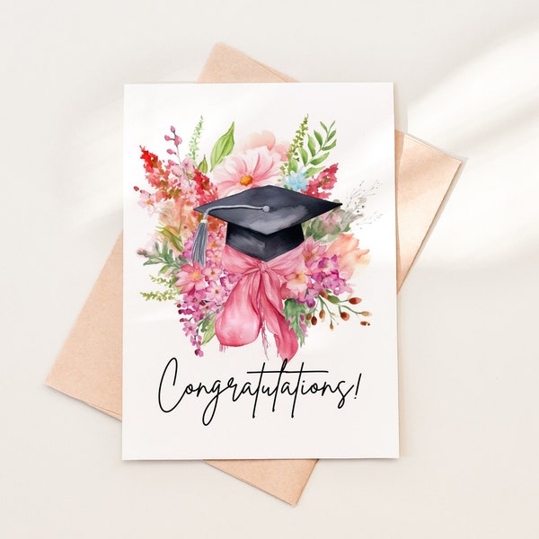 Floral Pink Bow Graduation Cap Congratulations Card Download, Printable Graduation for Her Congrats Greeting Card, Instant Download PDF, 01