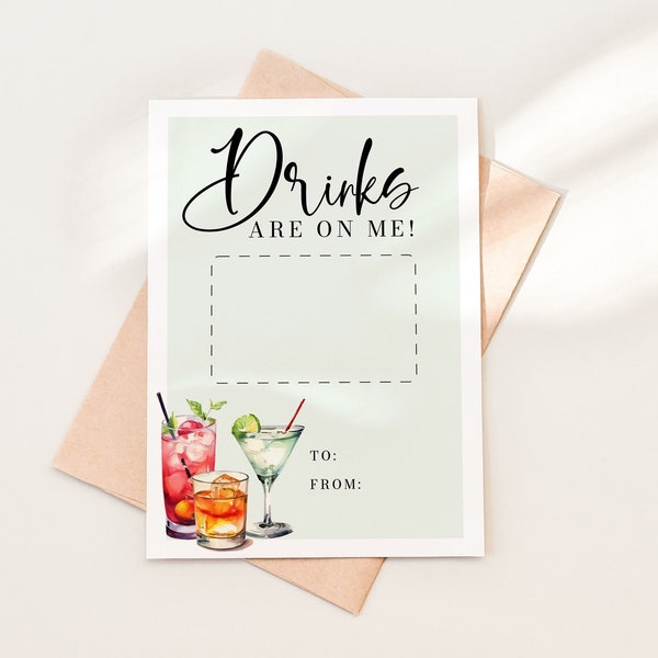 Drinks Are On Me Gift Card Holder Template, Printable Cocktail Gift Card Holder, Restaurant Gift Card Holder, Appreciation Gift