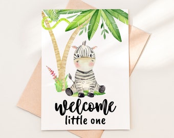 Baby Zebra Welcome Little One Card Download, Printable Baby Safari Congratulations Card Template, Welcome Baby Jungle Card PDF, 07-1